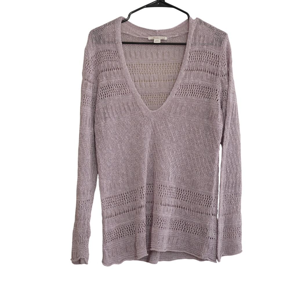 Coldwater Creek Size Medium Lavender Open Knit V-Neck Linen Blend Sweater